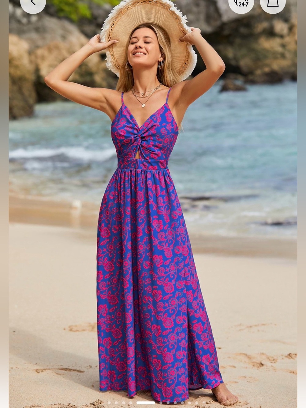 Floral Print Knotted V-Neck Maxi Dress - Blue/Red